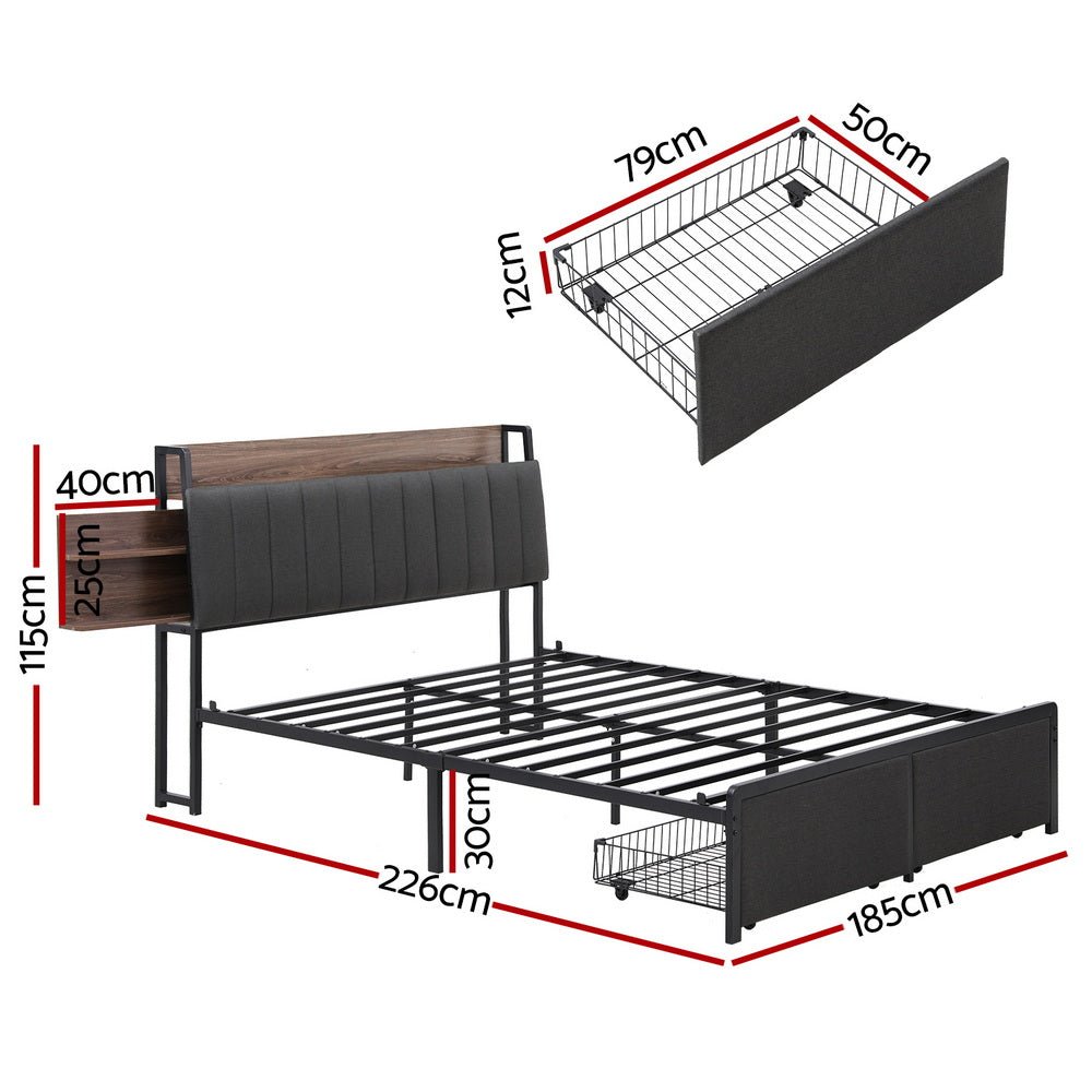 Artiss Metal Bed Frame King Size with 2 - Tier Hidden Storage with Charging Station - Factory Direct Shop