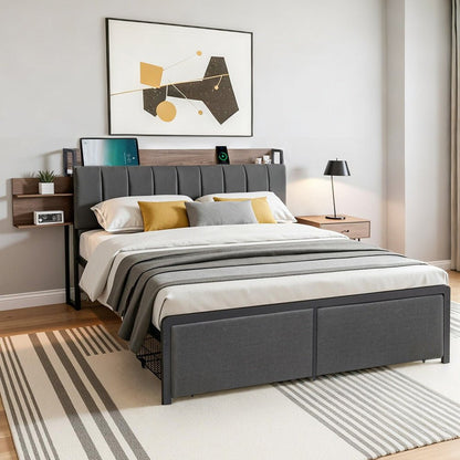 Artiss Metal Bed Frame Queen Size with 2 - Tier Hidden Storage with Charging Station - Factory Direct Shop