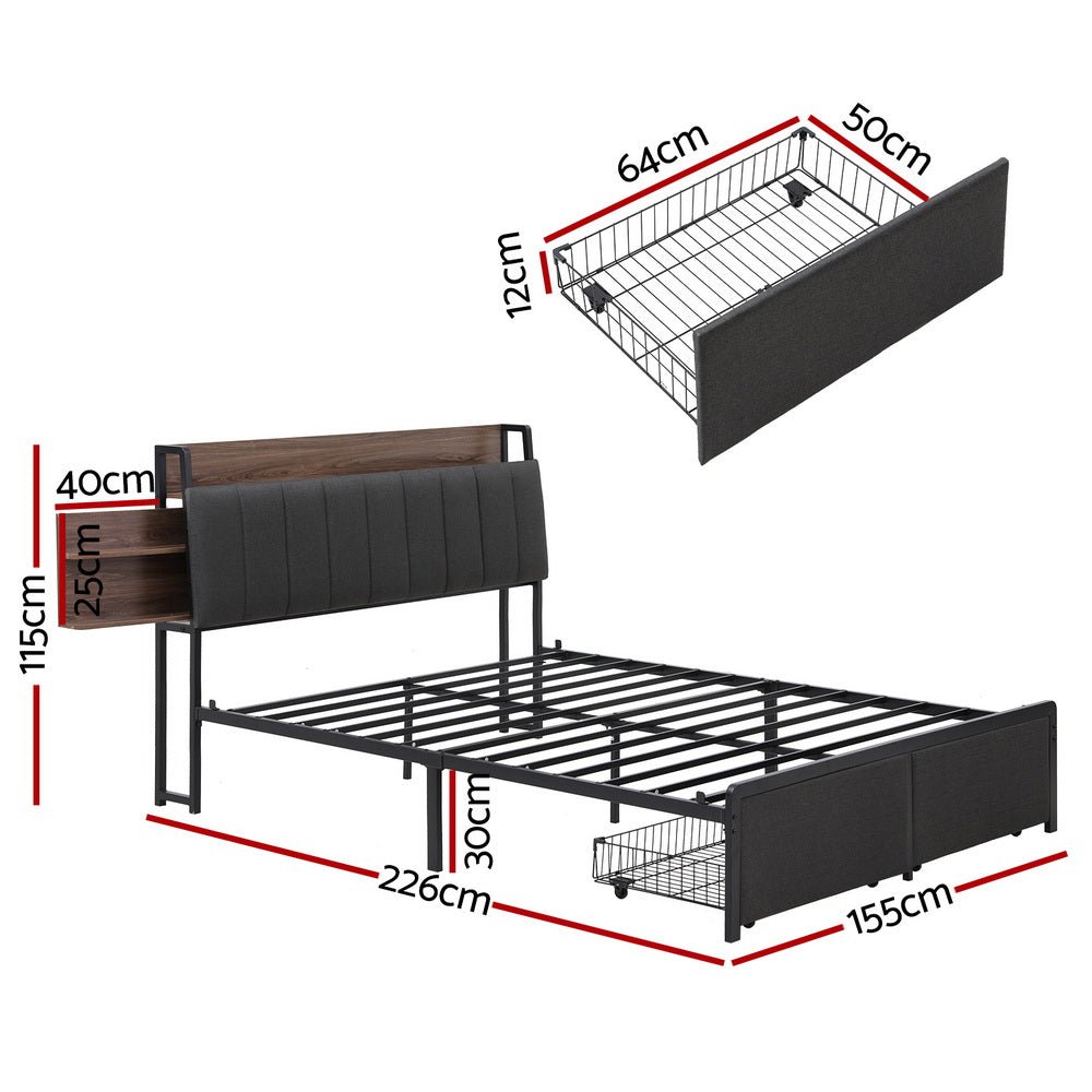 Artiss Metal Bed Frame Queen Size with 2 - Tier Hidden Storage with Charging Station - Factory Direct Shop