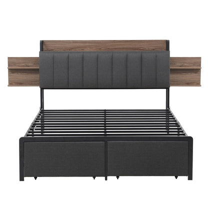 Artiss Metal Bed Frame Queen Size with 2 - Tier Hidden Storage with Charging Station - Factory Direct Shop