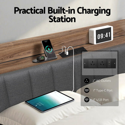 Artiss Metal Bed Frame Queen Size with 2 - Tier Hidden Storage with Charging Station - Factory Direct Shop