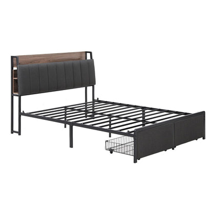 Artiss Metal Bed Frame Queen Size with 2 - Tier Hidden Storage with Charging Station - Factory Direct Shop