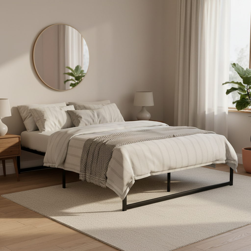 Modern bedroom with a bed, round mirror, and lamps.