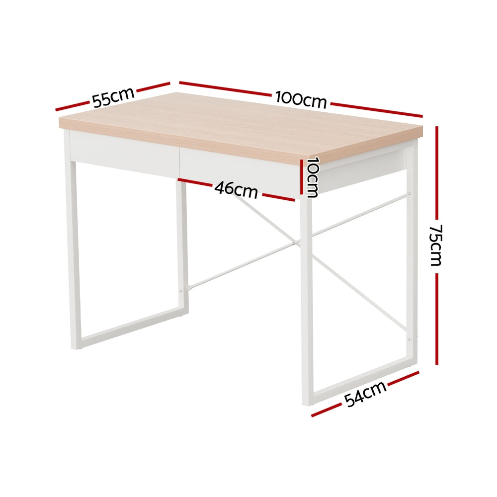 Artiss Metal Desk with Drawer - White with Wooden Top