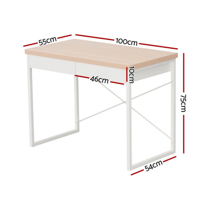 Artiss Metal Desk with Drawer - White with Wooden Top