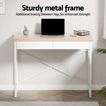 Artiss Metal Desk with Drawer - White with Wooden Top