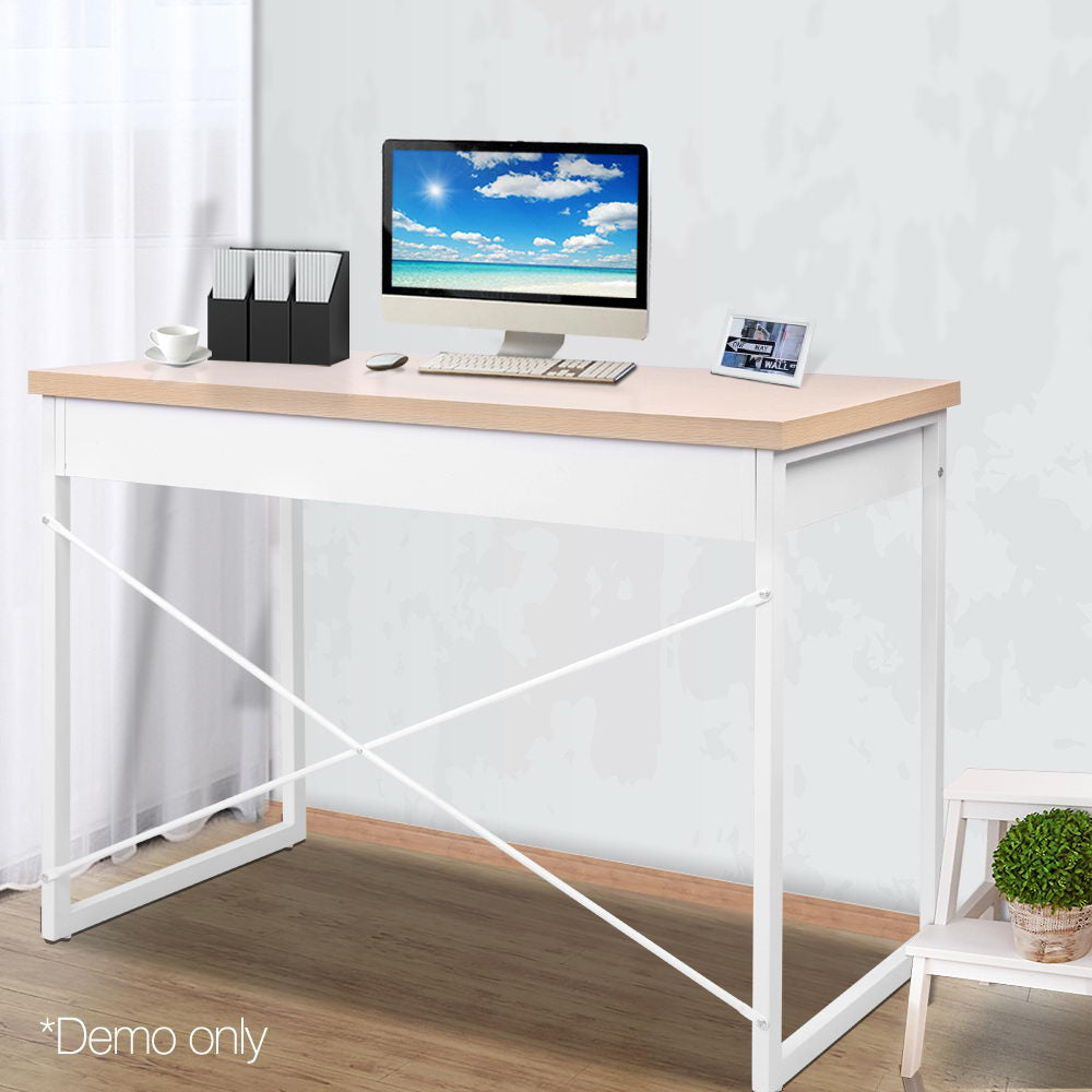 Artiss Metal Desk with Drawer - White with Wooden Top