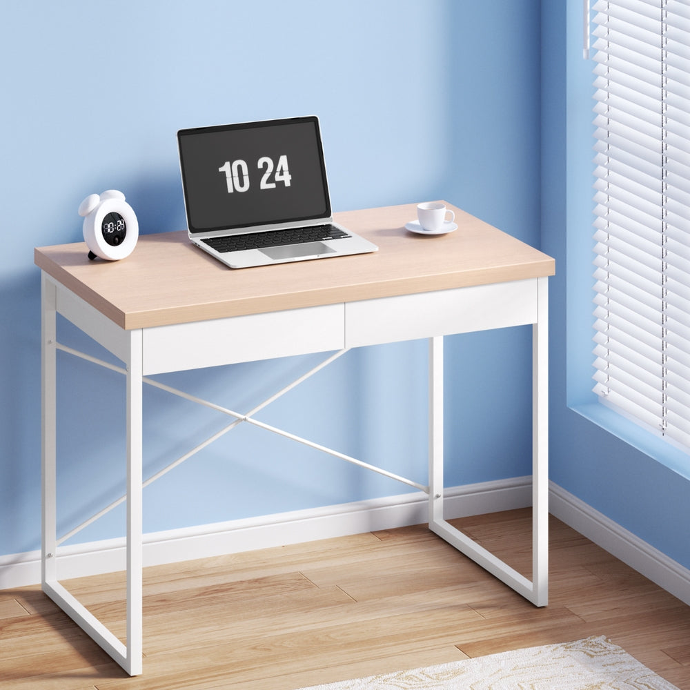 Artiss Metal Desk with Drawer - White with Wooden Top