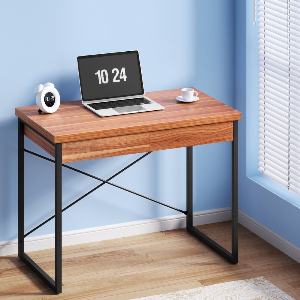 Artiss Metal Desk with Drawer - Walnut