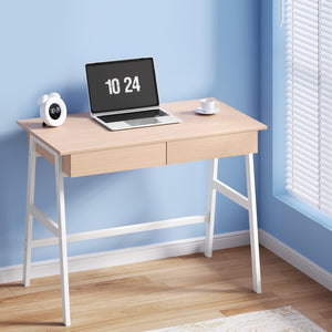 Artiss Metal Desk with Drawer - White with Oak Top