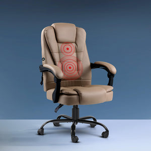 A beige Artiss Massage Office Chair with PU leather, featuring a 2-zone massage function, adjustable backrest, padded headrest and armrests, and five dual-wheel casters.