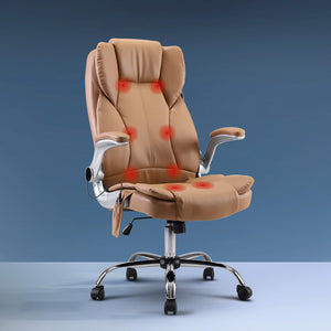 A brown Artiss massage office chair with a high back, flip-up armrests, and a chrome base, featuring red massage points on the seat and backrest.