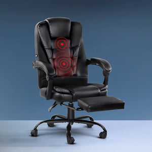 An electric massage office chair with a black leatherette finish, featuring a headrest, armrests, and a retractable footrest. The chair is shown in a reclined position with massage intensity markers on the backrest.