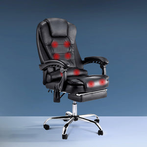 Black office chair with an 8-point massage feature, indicated by red spots on the chair's backrest and seat, with a high backrest, padded armrests, footrest, and a five-point base.