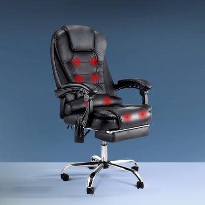 Black office chair with an 8-point massage feature, indicated by red spots on the chair's backrest and seat, with a high backrest, padded armrests, footrest, and a five-point base.