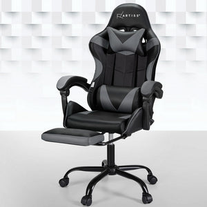 Grey Artiss Massage Gaming Office Chair with footrest, upholstered in premium PVC leather, featuring a racing chair design, tilt back adjustment, and five dual-wheel castors.