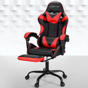 Artiss branded red and black massage gaming office chair with footrest, upholstered in premium PVC leather, featuring a racing chair design with a metal frame and five dual-wheel castors.