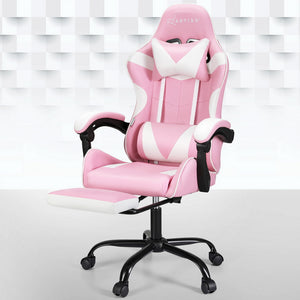 Artiss 2 Point Massage Gaming Office Chair in pink with footrest, featuring ergonomic design and premium PVC leather upholstery.