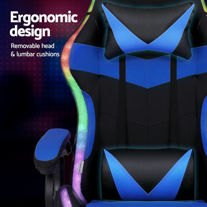 Artiss Gaming Chair 12 RGB LED Massage Footrest-Blue