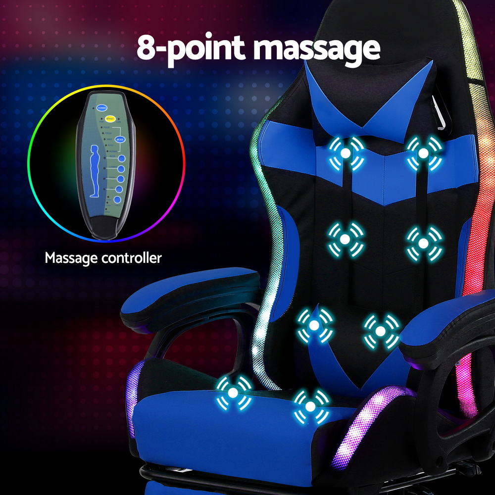 Massage chair with 8-point massage system and massage controller on a dark background