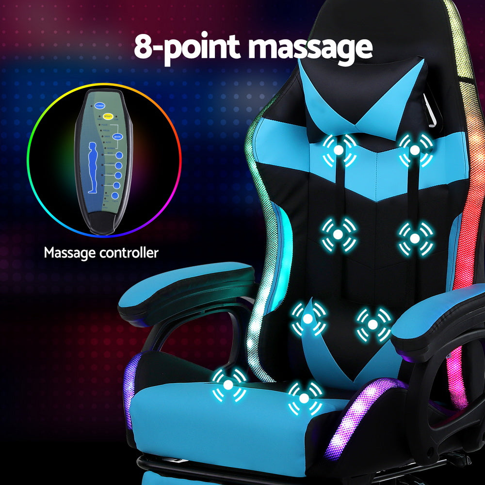 Gaming chair with 8-point massage system and massage controller on a dark background