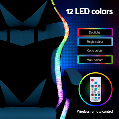 LED strip light with wireless remote control and color options on a dark background