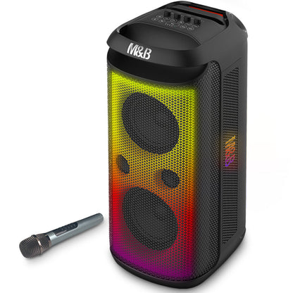 M&amp;B Portable Splash Proof 120W Bluetooth Party Speaker with Karaoke Microphone, IPX4, TWS Pairing, Multi-Input, Lithium Battery, RGB, USB Charging

Crank up the fun with this MB series Bluetooth Party Speaker by Overdrive, now with a wireless mic for karaoke-ready nights! This portable powerhouse doesn’t just bring rich, immersive sound; it’s also rugged enough to stand up to poolside splashes, beach trips, or even site work thanks to its IPX4 rating water resistance rating.