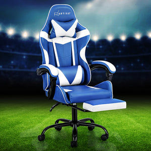 An Artiss gaming office chair in blue and white, featuring a high-back design, footrest, and being swivel chair with five castors.