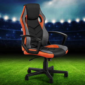 Artiss Gaming Office Chair in orange and black, high back with racing car seat design, upholstered in PU leather and mesh, with a five-caster wheel base.