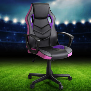 Artiss Gaming Office Chair in purple and black, featuring a high-back design with a mesh backrest, PU leather seat, and five caster wheels for mobility.