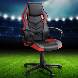 A red and black Artiss gaming office chair with a high-back design, upholstered in premium PU leather and breathable mesh, featuring a plywood frame, PP armrests, and a nylon base with five castor wheels.