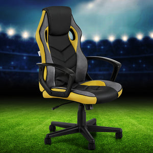 Artiss Gaming Office Chair in yellow and black color, featuring high back, PU leather and mesh upholstery, with a nylon base and five castor wheels.