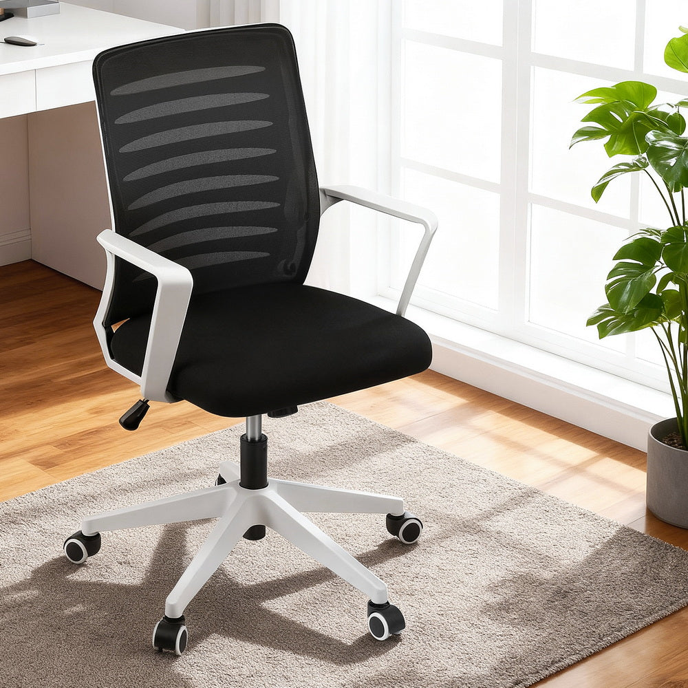 Artiss Ergonomic Office Chair Mesh Computer Desk Chairs with Lumbar Support, Height Adjustment Swivel Chair Mid Back for Home Office Study, Black and White
