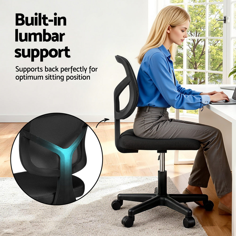 Artiss Armless Office Chair with Wheels, Ergonomic 360° Swivel Home Office Desk Chair, Height Adjustable Computer Task Chair with Fabric Back and Seat for Small Space, Black