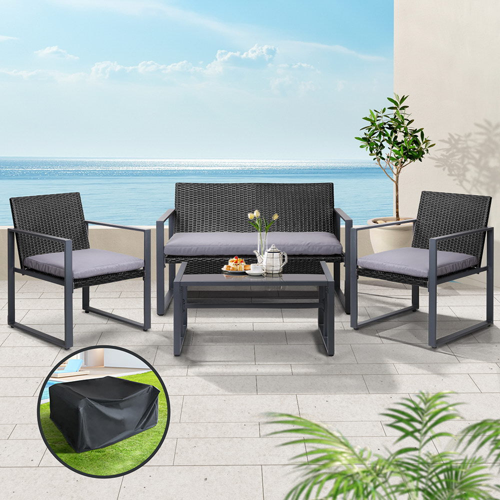 Gardeon 4 PCS Outdoor Dining Set Lounge Setting Patio Wicker Chairs Table w/Cover