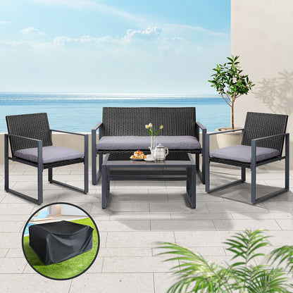Gardeon 4 PCS Outdoor Dining Set Lounge Setting Patio Wicker Chairs Table w/Cover