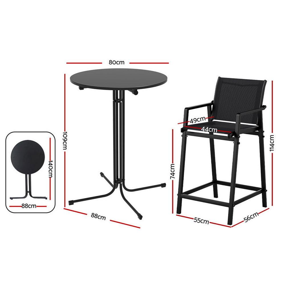 Gardeon 3PC Outdoor Bar Set Stools Dining Chairs Table Patio Furniture Bistro Set Steel Black
