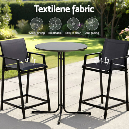 Gardeon 3PC Outdoor Bar Set Stools Dining Chairs Table Patio Furniture Bistro Set Steel Black