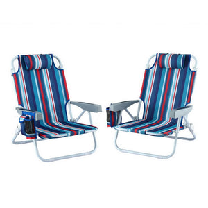 Two striped beach chairs with red, white, and blue pattern on a white background