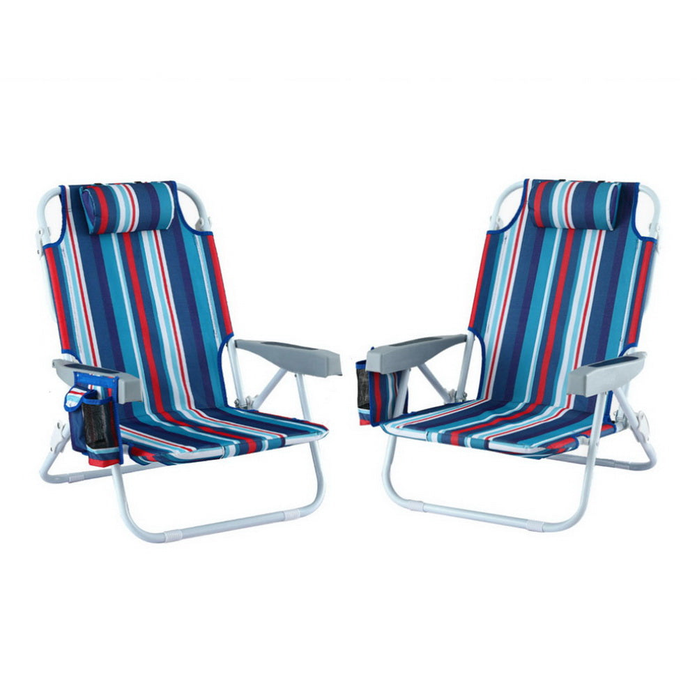 Two striped beach chairs with red, white, and blue pattern on a white background