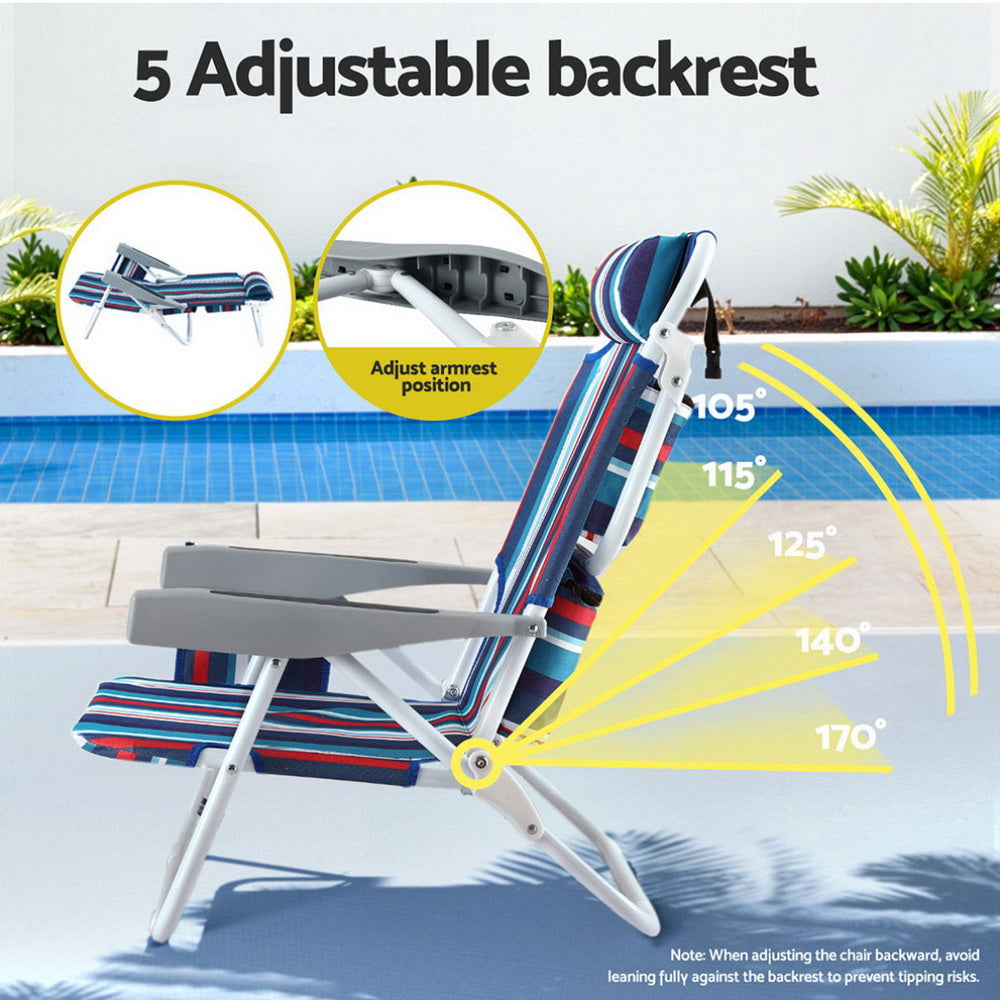 Adjustable beach chair with armrest and backrest shown by angles near a pool.
