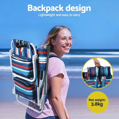 Woman carrying a backpack design chair on a beach with text highlighting its lightweight and easy-to-carry features.