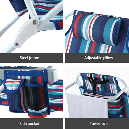 Multicolored striped chair with steel frame, adjustable pillow, side pocket, and towel rack.