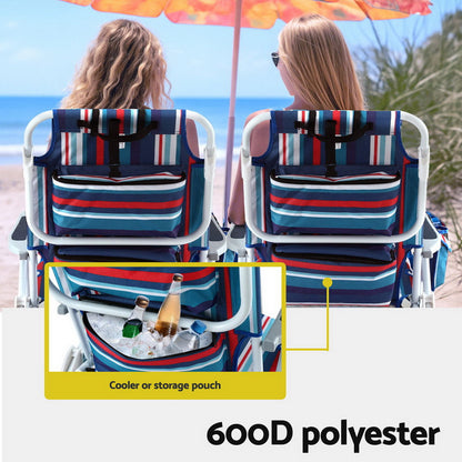 Two people sitting on striped beach chairs with cooler pouches, ocean in the background