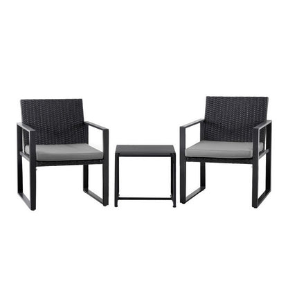 Gardeon 3PC Outdoor Bistro Set Patio Furniture Wicker Dining Chairs Table Cushion Black