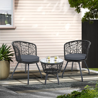 Gardeon 3PC Bistro Set Outdoor Furniture Rattan Table Chairs Patio Garden Cushion Black