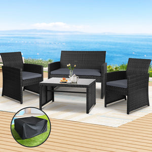 Gardeon Garden Furniture Outdoor Lounge Setting Wicker Sofa Set Storage Cover Black