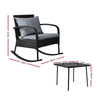 Gardeon 3PC Rocking Chair Table Wicker Outdoor Furniture Patio Bistro Set Black