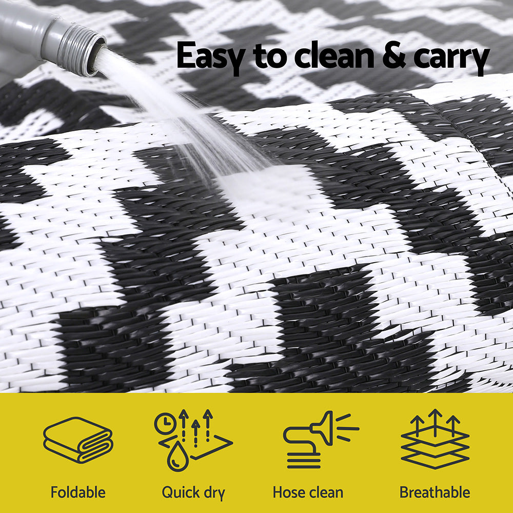 Black and white checkered mat with water being sprayed on it, labeled 'Easy to clean & carry'.