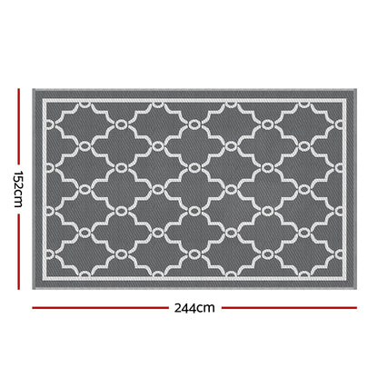 Gray rug with white geometric pattern and measurements on a white background
